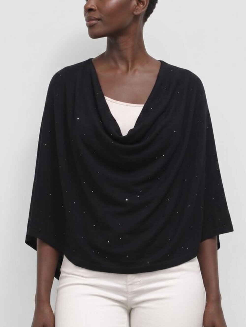 InCashmere Asymmetrical Rhinestone Drape Topper in Black